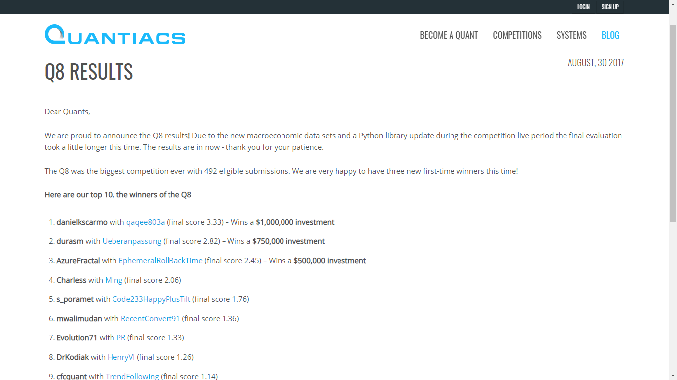 Quantiacs Q8 contest